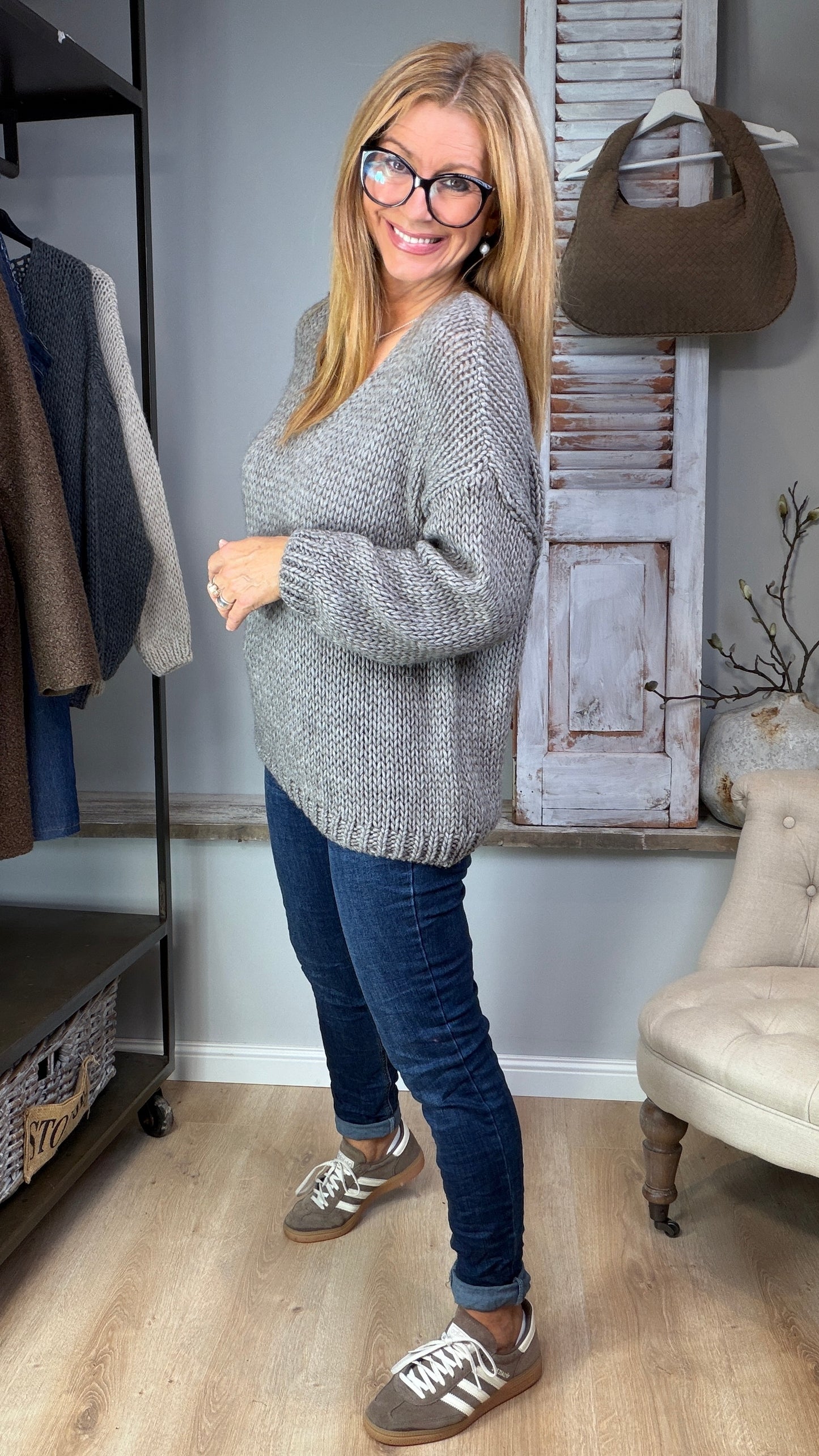 V-Ausschnitt Pullover "Grobstrick"