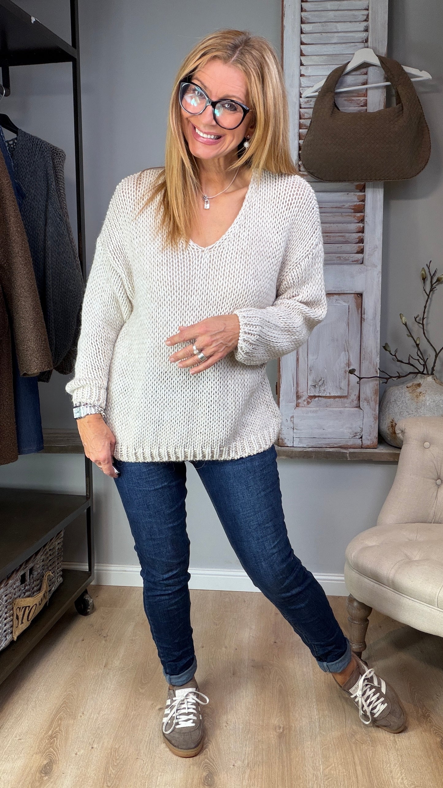 V-Ausschnitt Pullover "Grobstrick"
