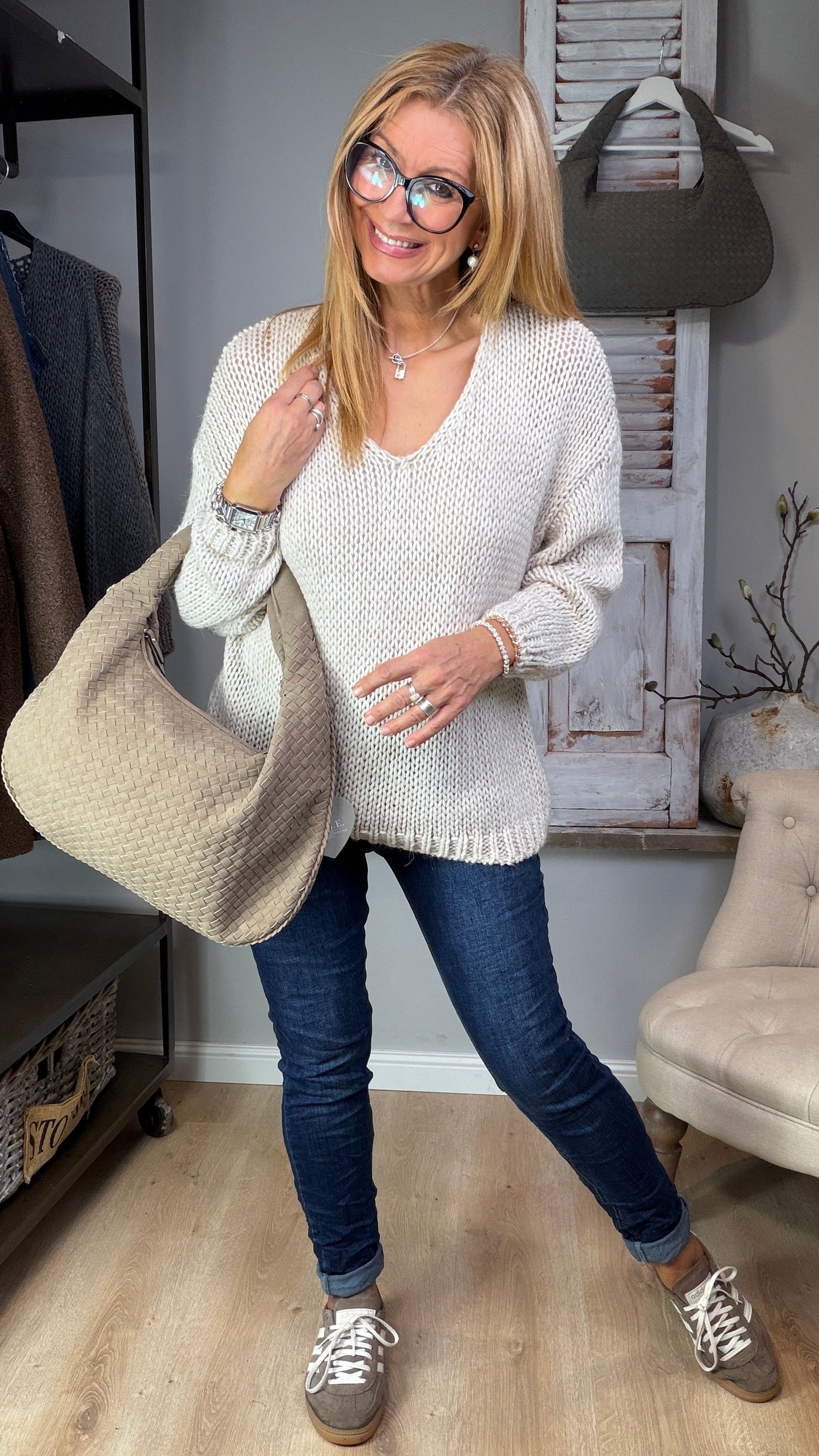 V-Ausschnitt Pullover "Grobstrick"