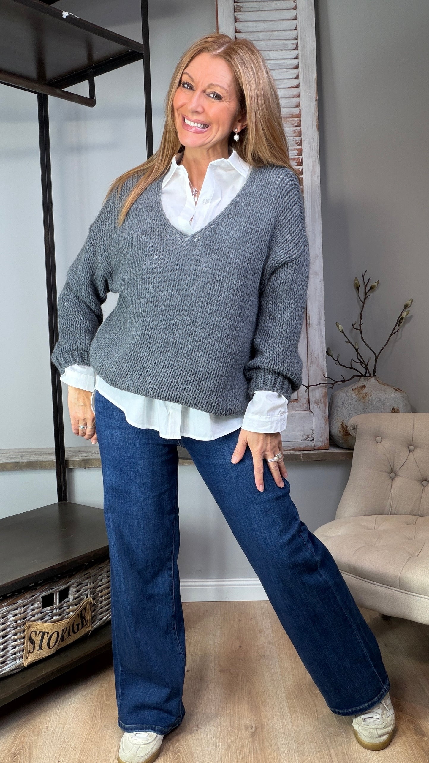 V-Ausschnitt Pullover "Grobstrick"